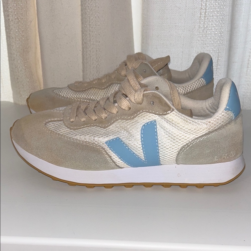 Veja Neutral Beige and Light Blue Athletic Sneakers